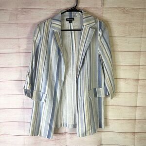 Messini Striped Linen Blend 3/4” Sleeve Open Front Blazer Jacket